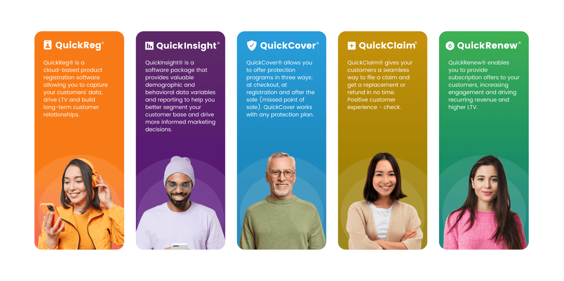 QuickSuite product visual identity - QuickReg, QuickInsight, QuickCover, QuickClaim, QuickRenew