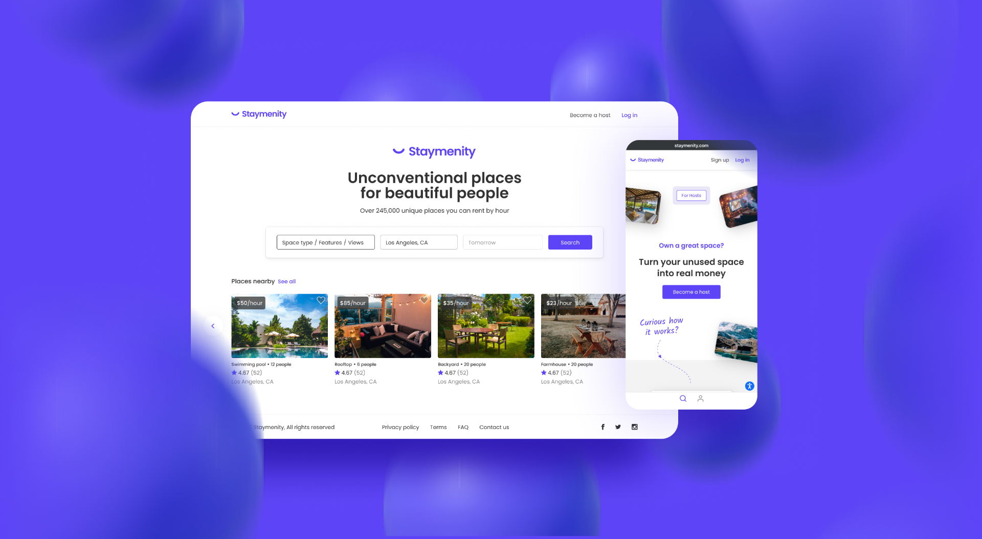 Staymenity platform homepage and mobile app showcasing unconventional spaces