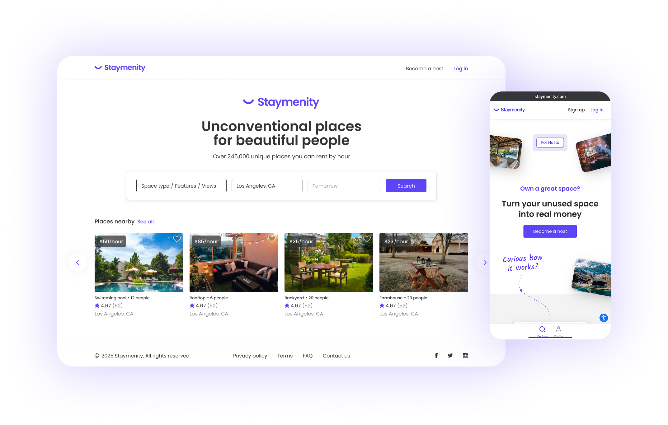 Staymenity platform showing search results with property cards