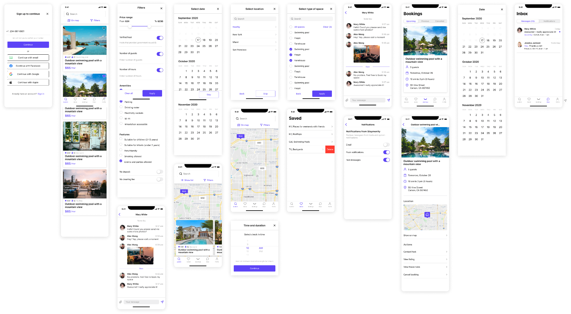 Staymenity iOS app screens showing search, filters, booking flow and user interface