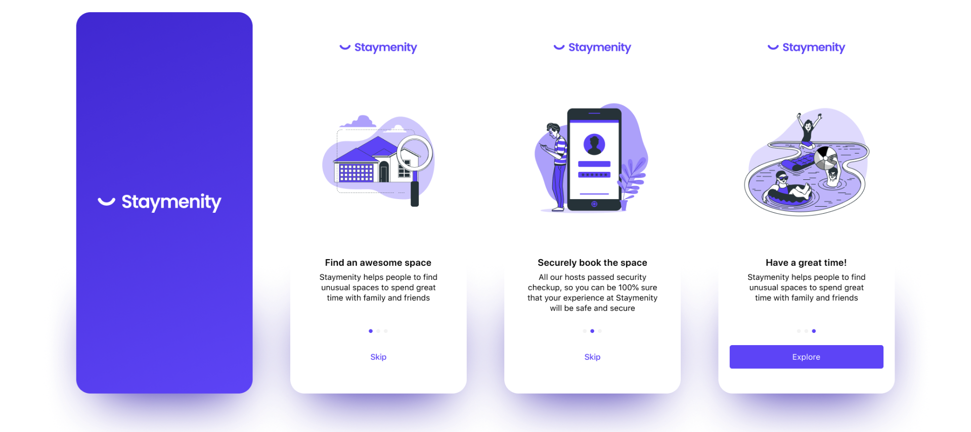 Staymenity mobile app onboarding screens